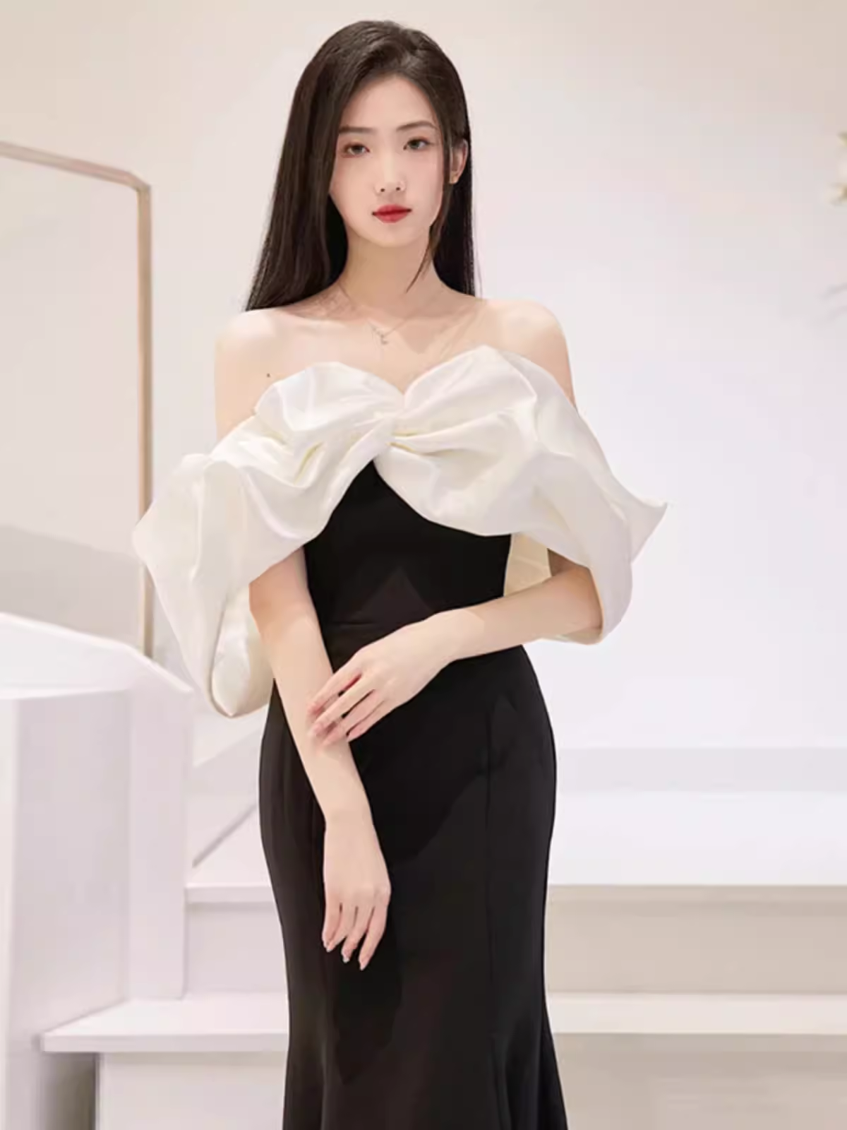 Mermaid Off The Shoulder Black Satin Long Prom Dresses P1011