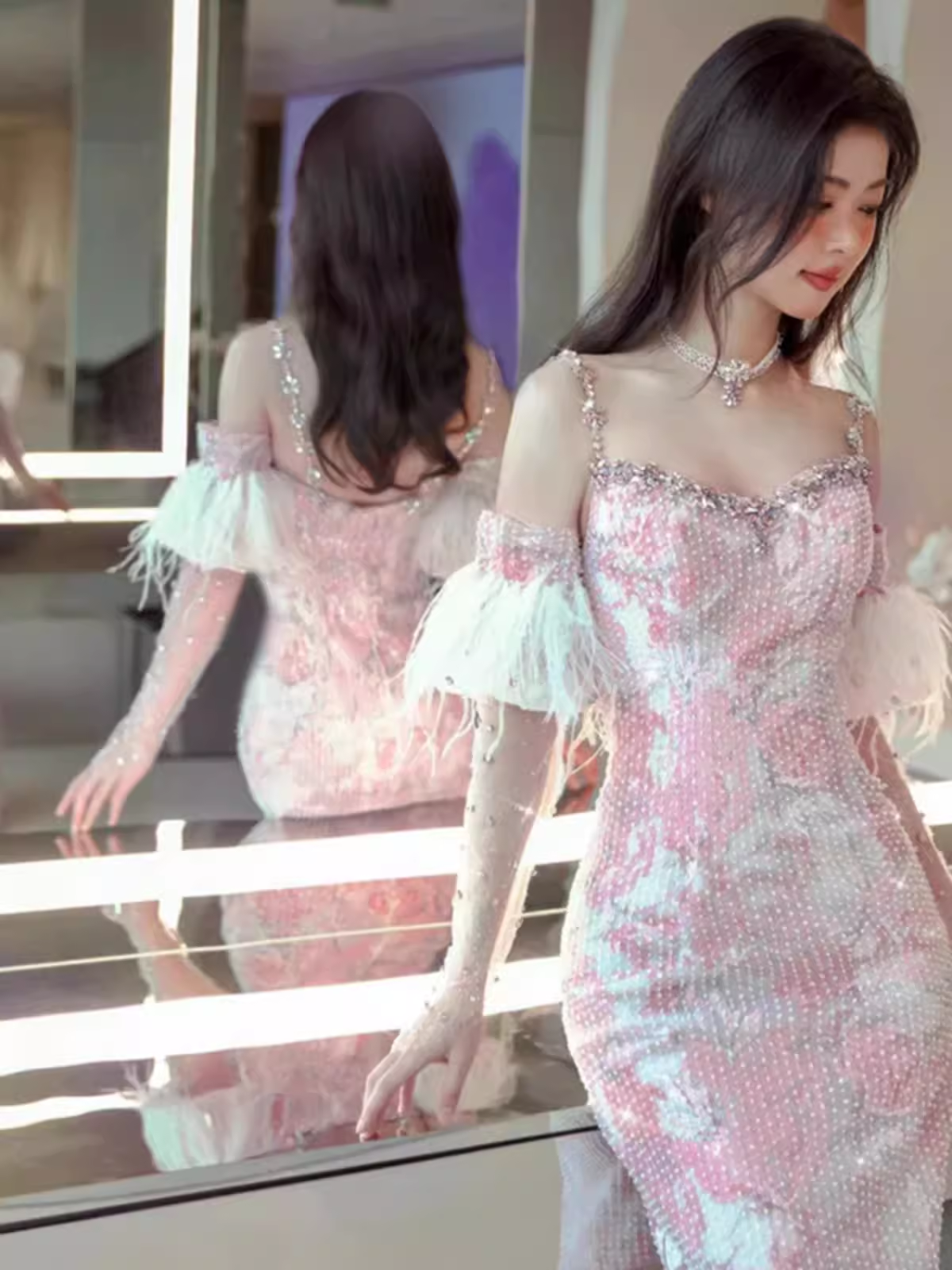 Sexy Mermaid Pink Sequin Prom Dresses P1016