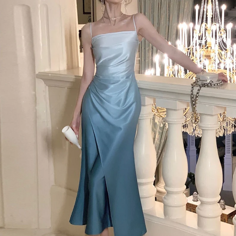 Elegant Sheath Straps Blue Prom Dresses Formal Dress P1109
