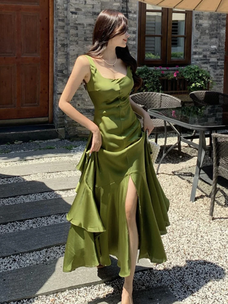 Women's Suspender Dress Satin Long Prom Dresses Formal Dress P1104