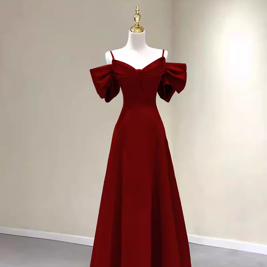 Einfaches A-Linien Träger Rotes Satin Langes Ballkleid P1017