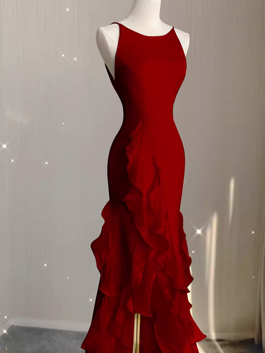 Schlichtes Meerjungfrau-Abendkleid aus rotem Chiffon P1054