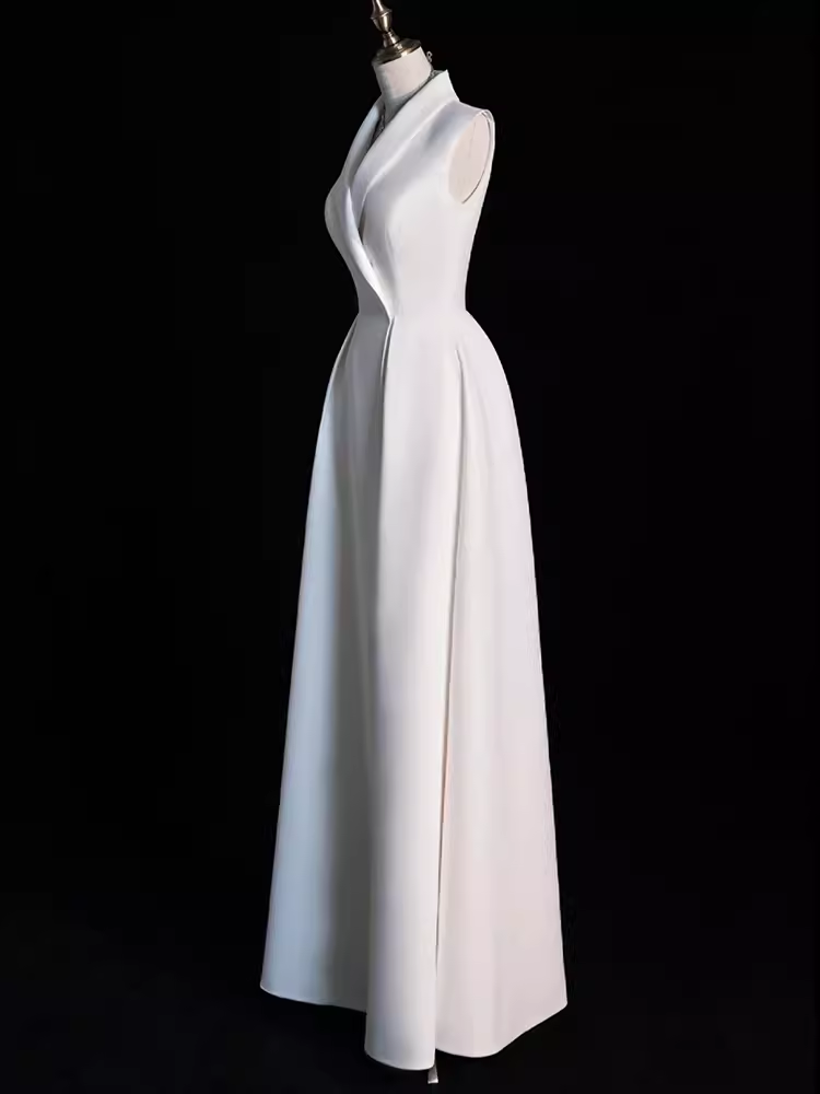 Sexy A line Satin Party Dresses Long White Prom Dresses P1058