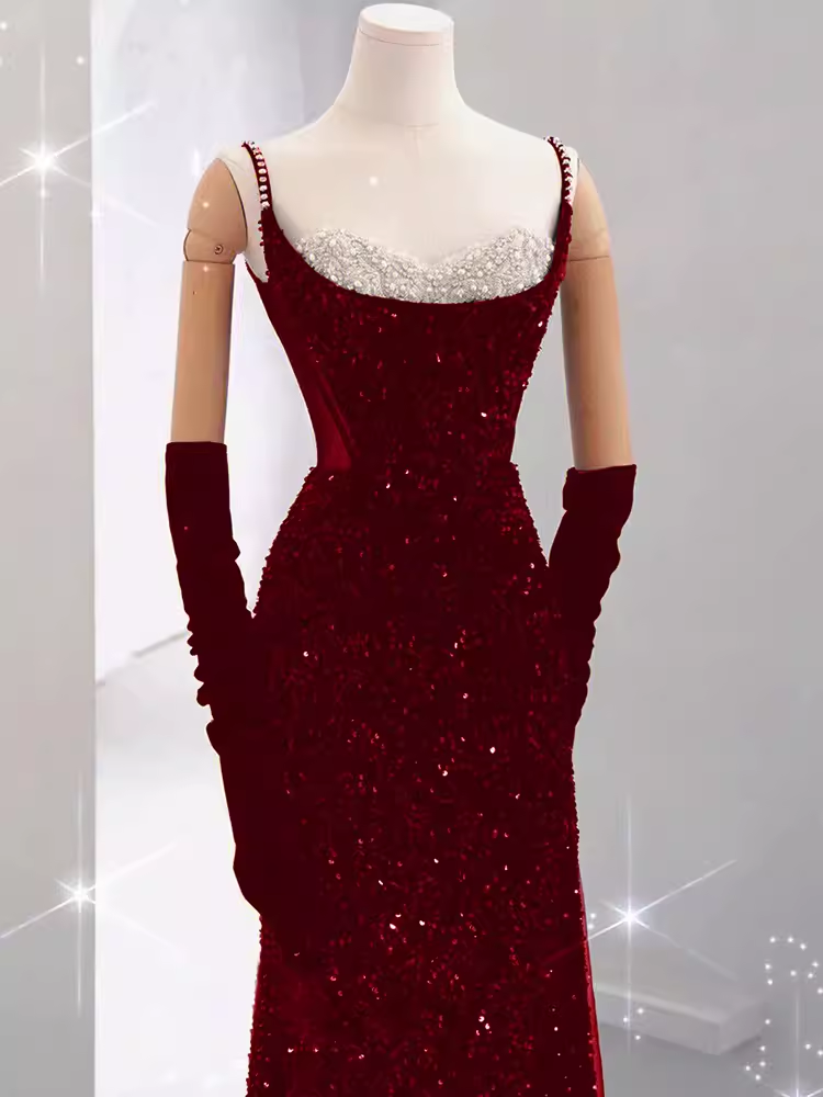 Mermaid Straps Sequin Red Backless Long Prom Dresses P1060