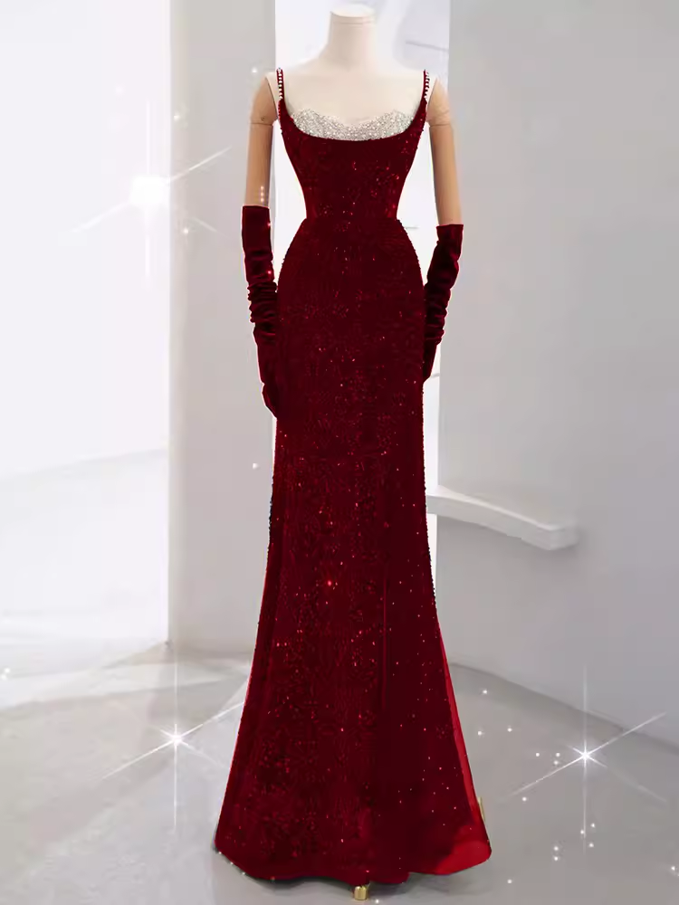 Mermaid Straps Sequin Red Backless Long Prom Dresses P1060