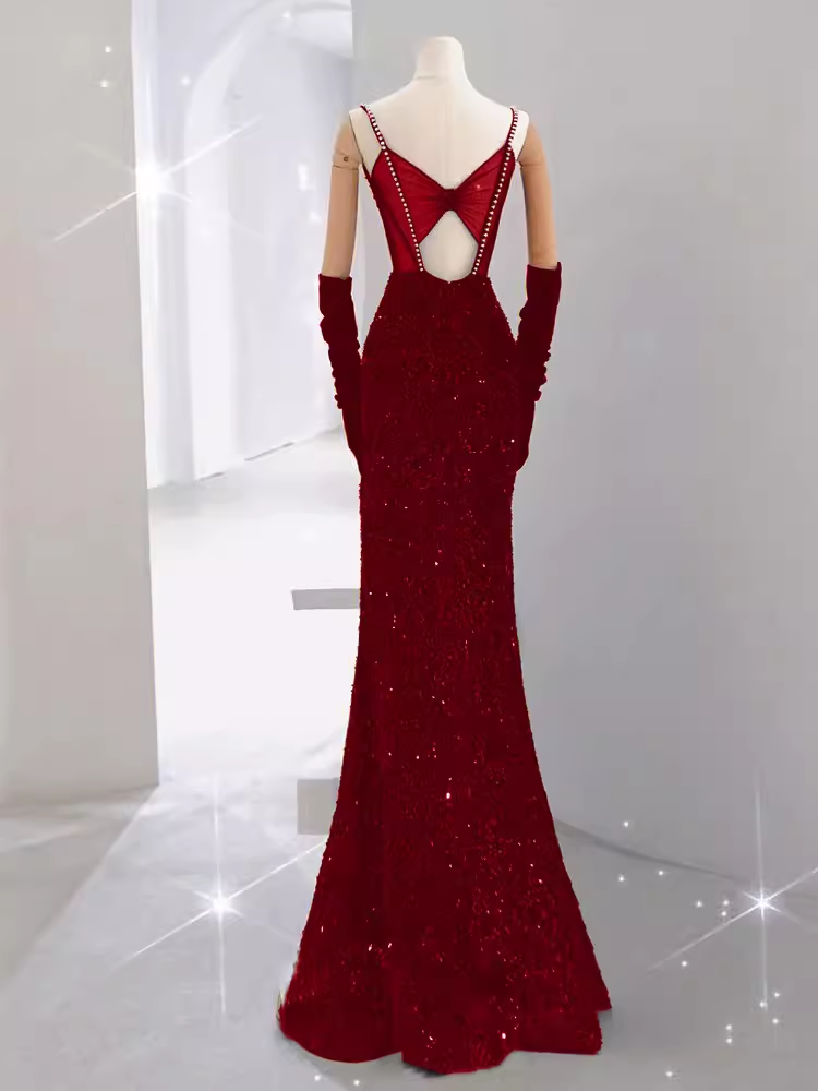 Mermaid Straps Sequin Red Backless Long Prom Dresses P1060
