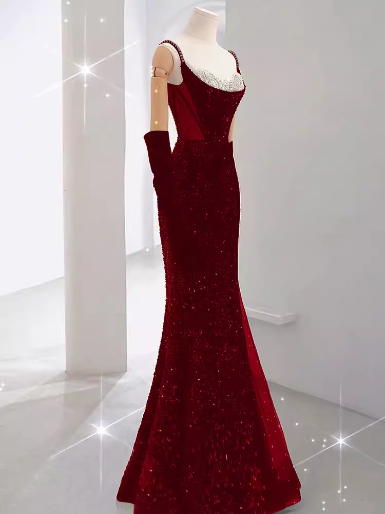 Mermaid Straps Sequin Red Backless Long Prom Dresses P1060