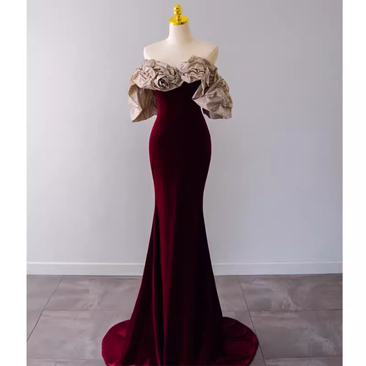 Mermaid Strapless Wine Red Long Prom Dress P1136