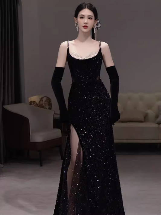 Mermaid Straps Sequin Black Backless Long Prom Dresses P1137