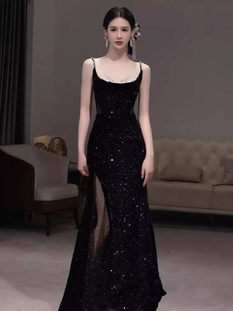 Mermaid Straps Sequin Black Backless Long Prom Dresses P1137