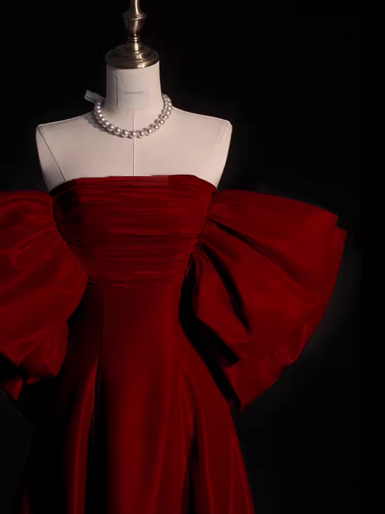 Modest A Line Strapless Long Short Sleeves Satin Red Prom Dresses P1236