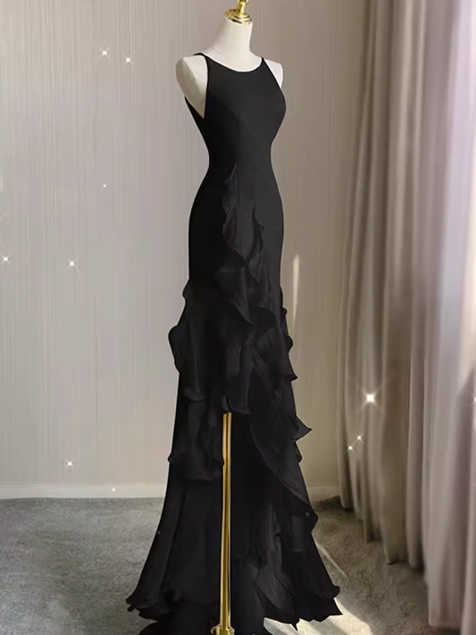 Sexy A line Long Senior Chiffon Black Prom Dress Formal Dress P1318