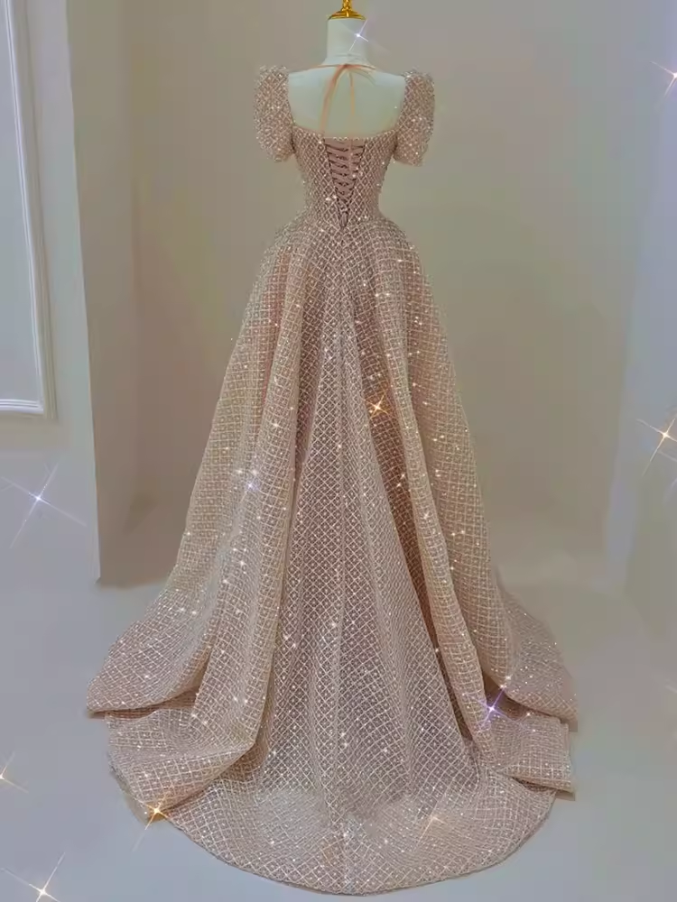 Sparkle A line Square Neckline Sequin Pink Long Prom Dress P1369