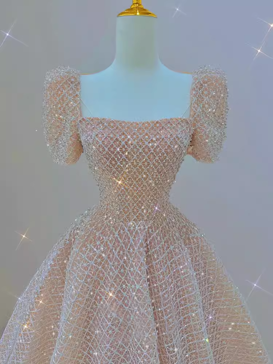 Sparkle A line Square Neckline Sequin Pink Long Prom Dress P1369