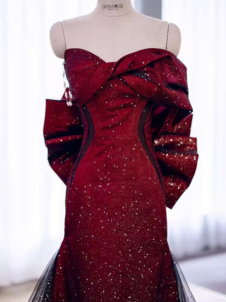 Meerjungfrau-Abendkleid Trägerlos Lang Burgund P1421
