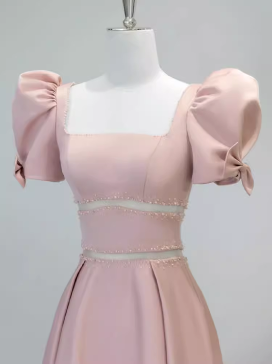Modest A Line Short Sleeves Long Pink Prom Dress P1424