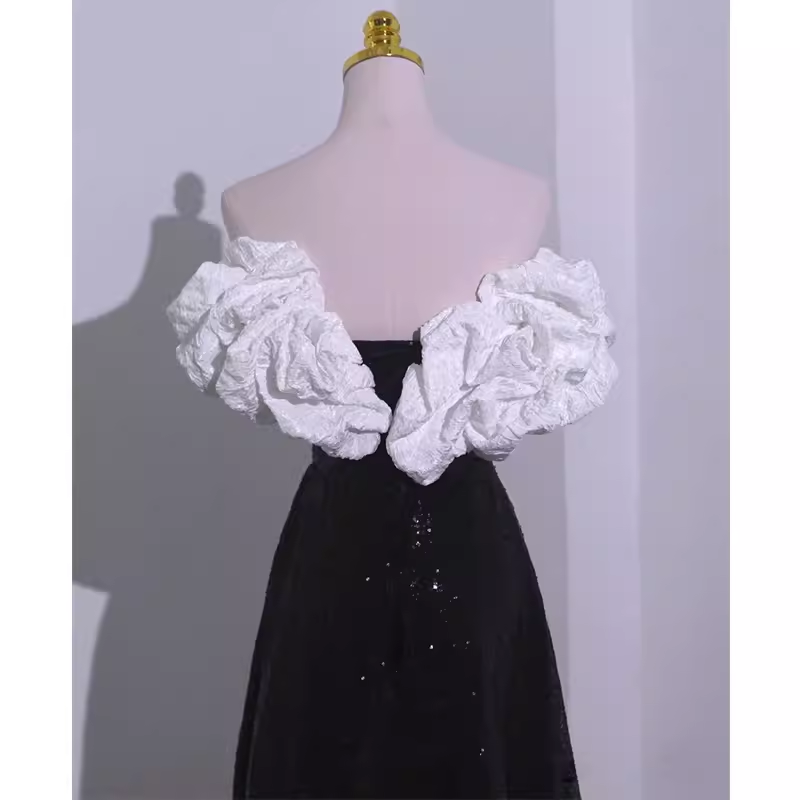 Sexy A line Off The Shoulder Long Black Sequin Prom Dress P1534