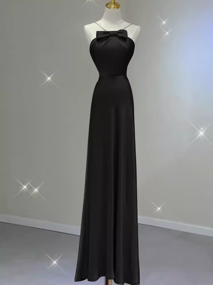 Sexy A line Halter Long Black Satin Prom Dress P1535