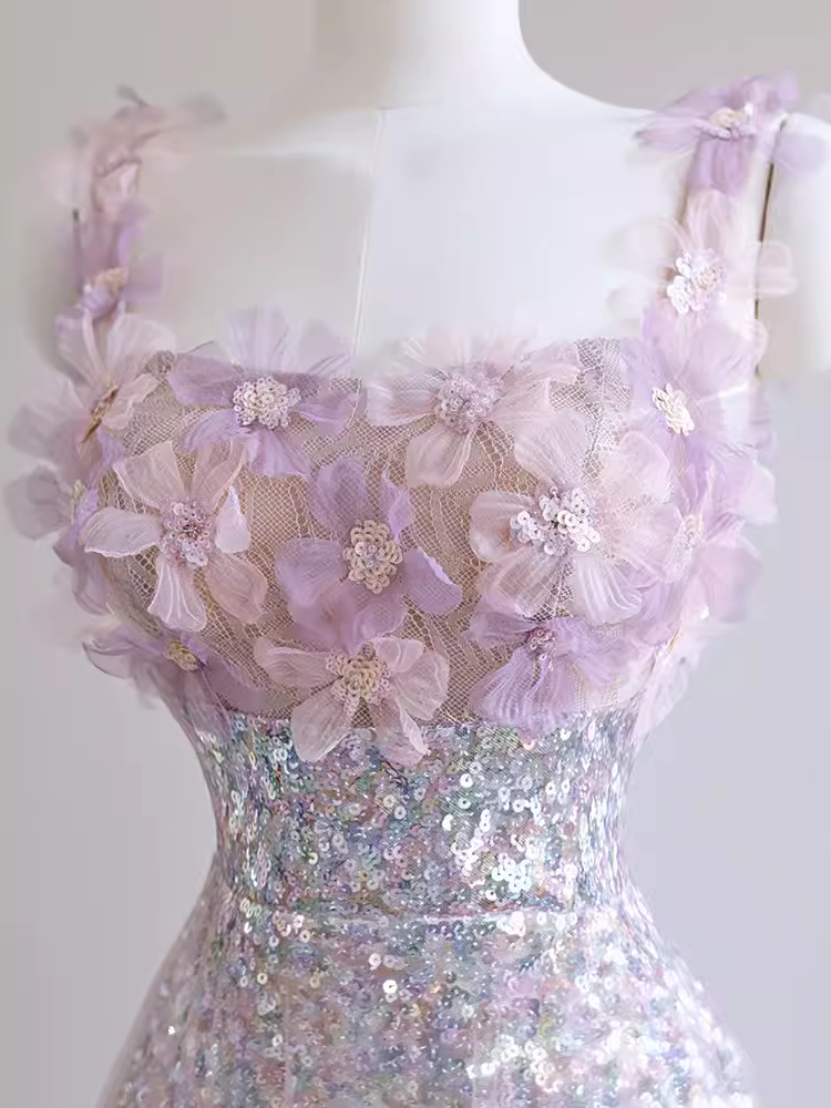 Sexy A line Straps Lilac Sequin Prom Dress P1532