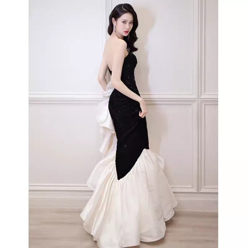 Sexy Mermaid Strapless Long Black Sequin Prom Dress P1533