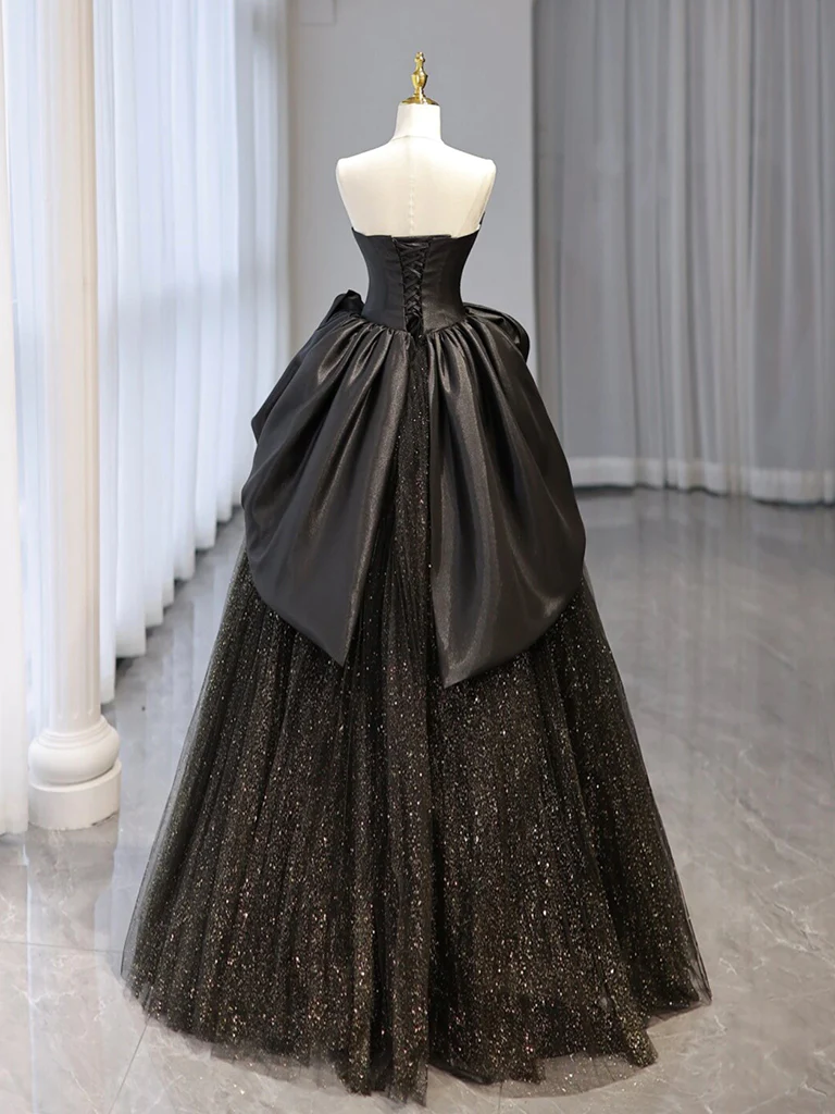 Ball Gown Black Sweetheart Neck Satin Tulle Long Prom Dress P1577