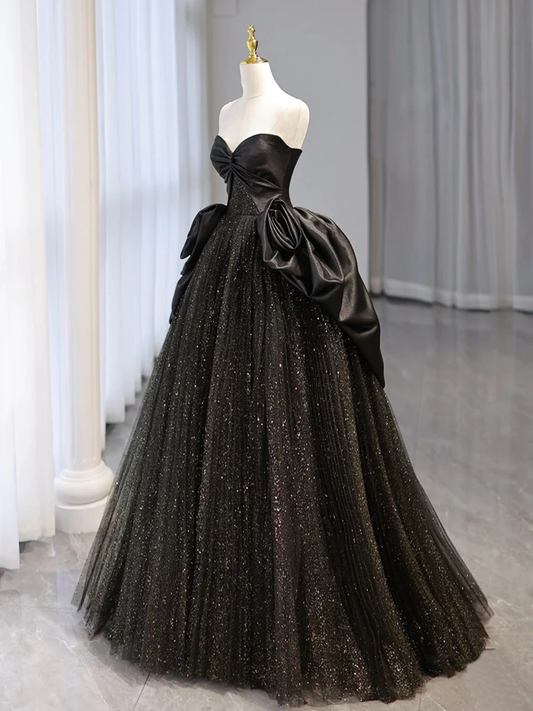Ball Gown Black Sweetheart Neck Satin Tulle Long Prom Dress P1577