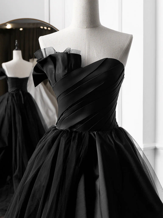 Simple A-Line Satin Strapless Black Long Prom Dress P1580