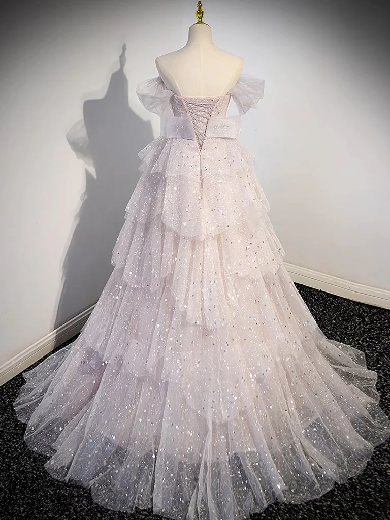 Ball Gown Off Shoulder Tulle Sequin Light Pink Long Prom Dress P1583