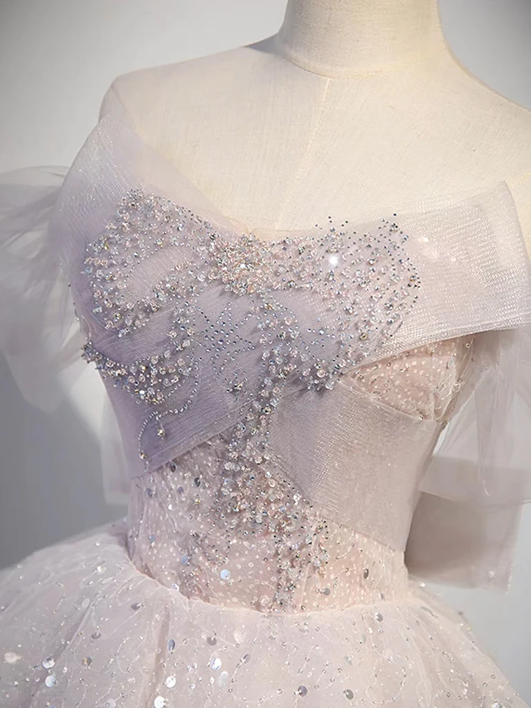 Ball Gown Off Shoulder Tulle Sequin Light Pink Long Prom Dress P1583