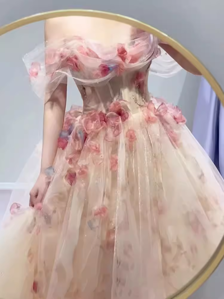 Ball Gown Strapless Champagne Floral Prom Dress Long Party Dresses P1606