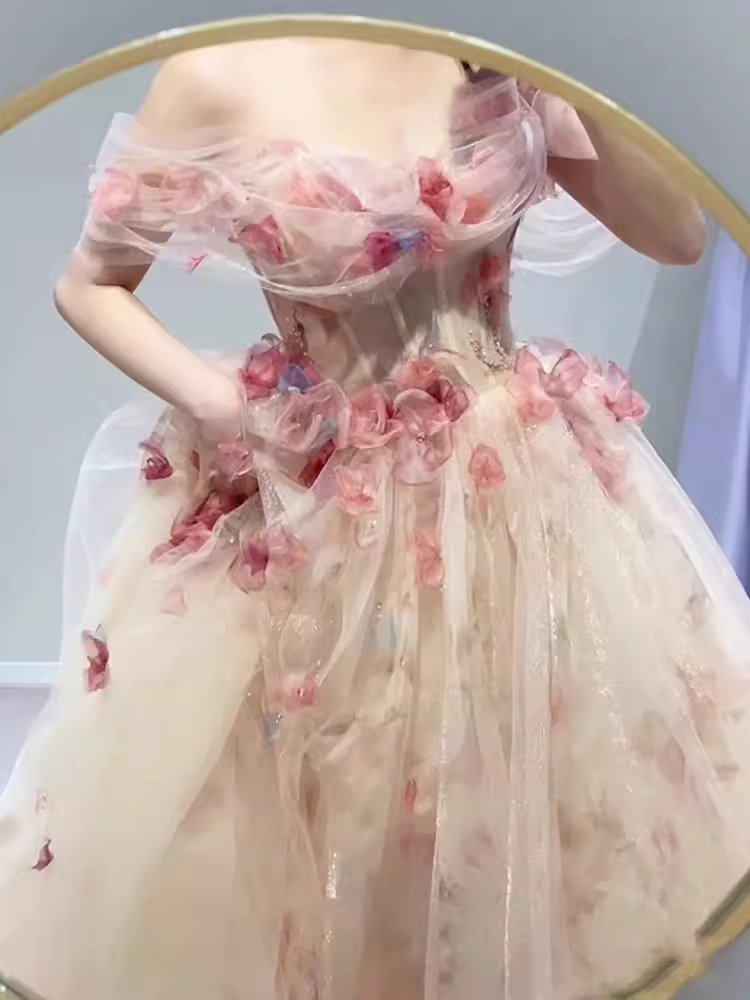 Ball Gown Strapless Champagne Floral Prom Dress Long Party Dresses P1606