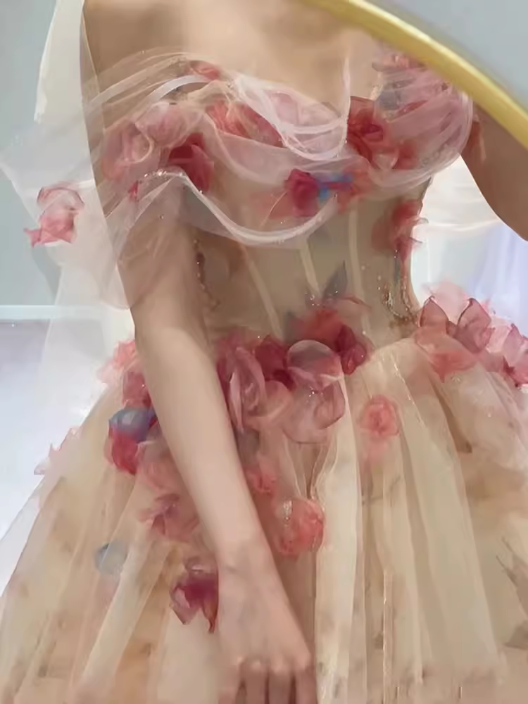 Ball Gown Strapless Champagne Floral Prom Dress Long Party Dresses P1606
