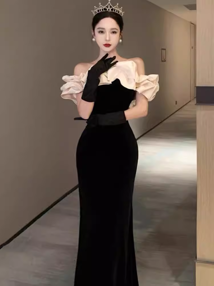 Sexy Mermaid Off The Shoulder Black Velvet Floor Length Prom Dress P1709