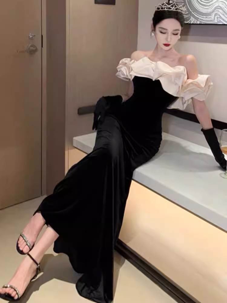 Sexy Mermaid Off The Shoulder Black Velvet Floor Length Prom Dress P1709