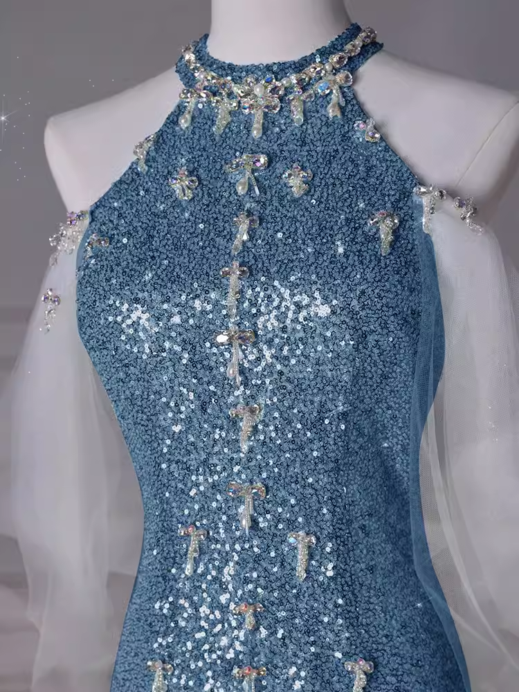 Sexy Mermaid Halter Sequin Blue Floor Length Prom Dress P1710