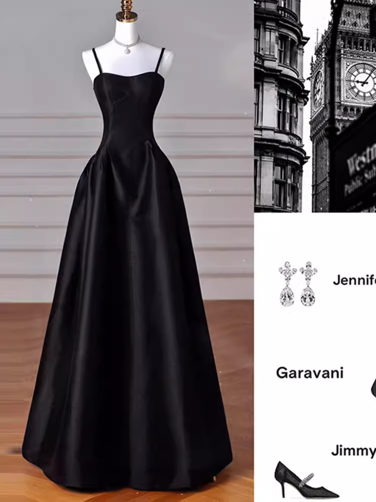 Gorgeous A line Straps Satin Black Prom Dress P1877