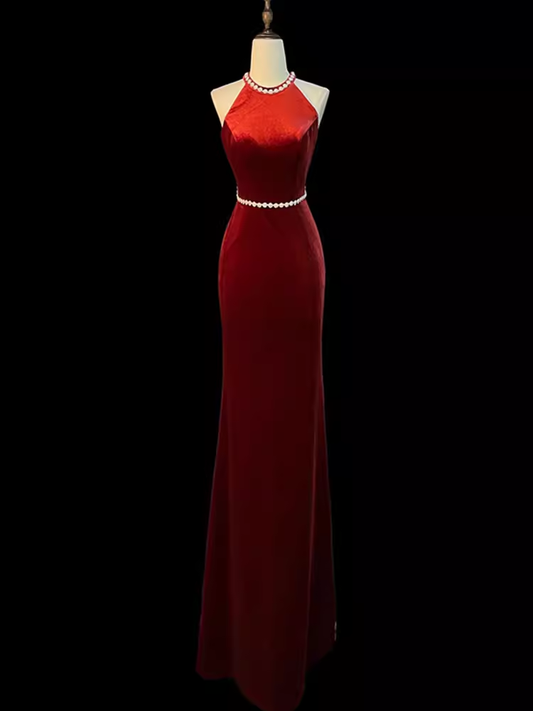 Mermaid Halter Burgundy Long Velvet Prom Dresses P1915