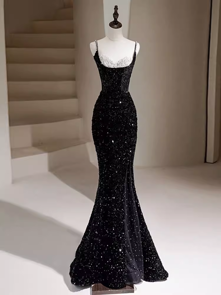 Mermaid Straps Long Black Sequin Prom Dresses P1920
