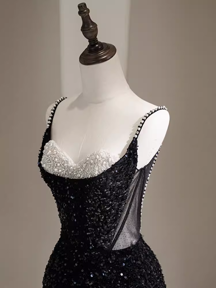 Mermaid Straps Long Black Sequin Prom Dresses P1920