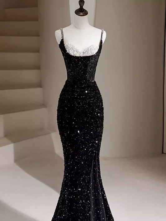 Mermaid Straps Long Black Sequin Prom Dresses P1920