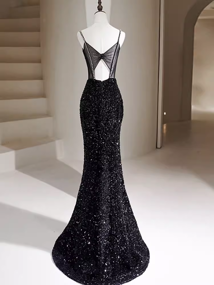 Mermaid Straps Long Black Sequin Prom Dresses P1920