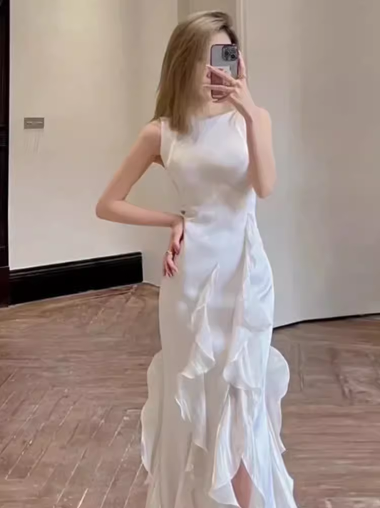 Simple Sheath Long White Prom Dresses P1924