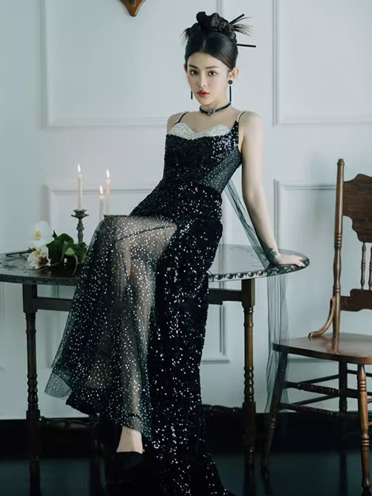 Mermaid Straps Long Black Sequin Slit Prom Dresses P1921