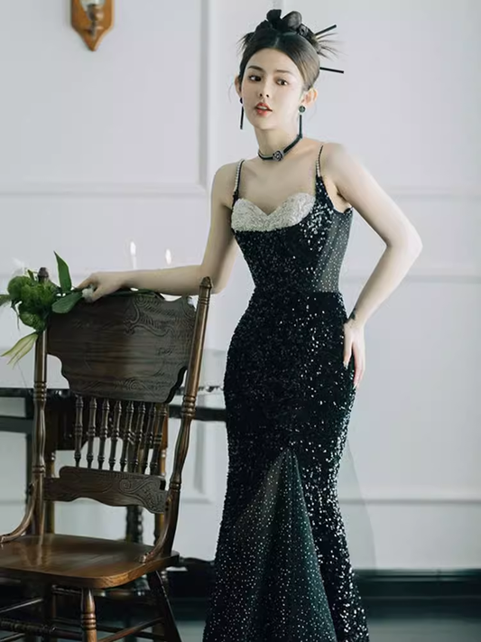 Mermaid Straps Long Black Sequin Slit Prom Dresses P1921