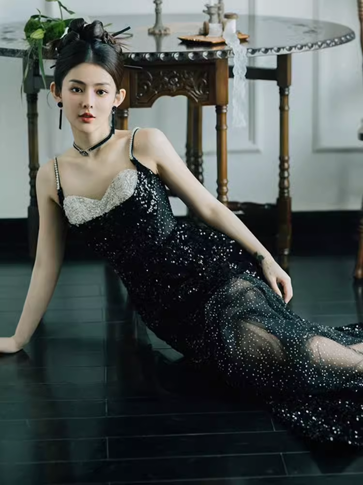 Mermaid Straps Long Black Sequin Slit Prom Dresses P1921