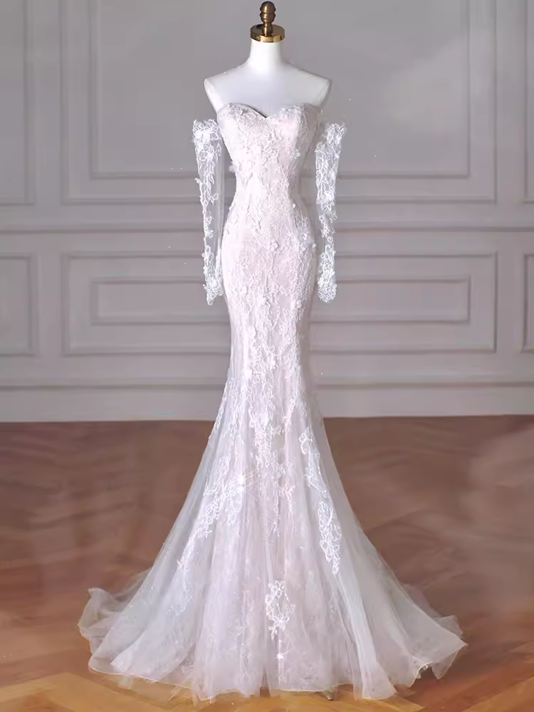 Vintage Mermaid Strapless Long White Lace Wedding Dresses P1926