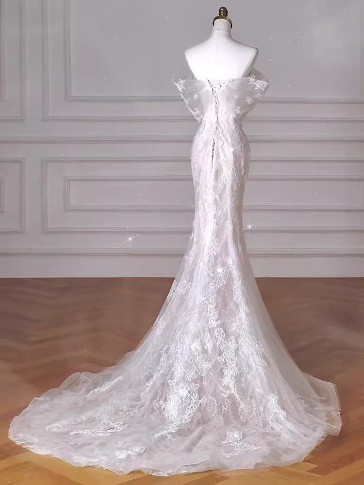 Vintage Mermaid Strapless Long White Lace Wedding Dresses P1926