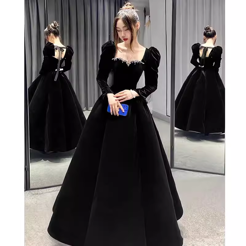 A Line Long Sleeves Black Velvet Prom Dresses P1918 – PreppyDress