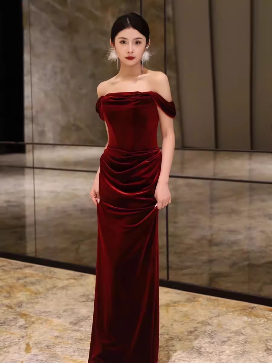 Sheath Strapless Red Velvet Prom Dresses Evening Dress P1986