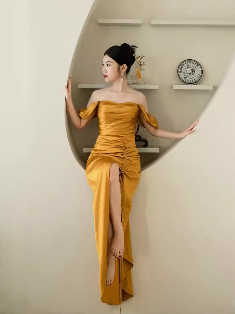 Sheath Off The Shoulder Yellow Prom Dresses Evening Dress P1987